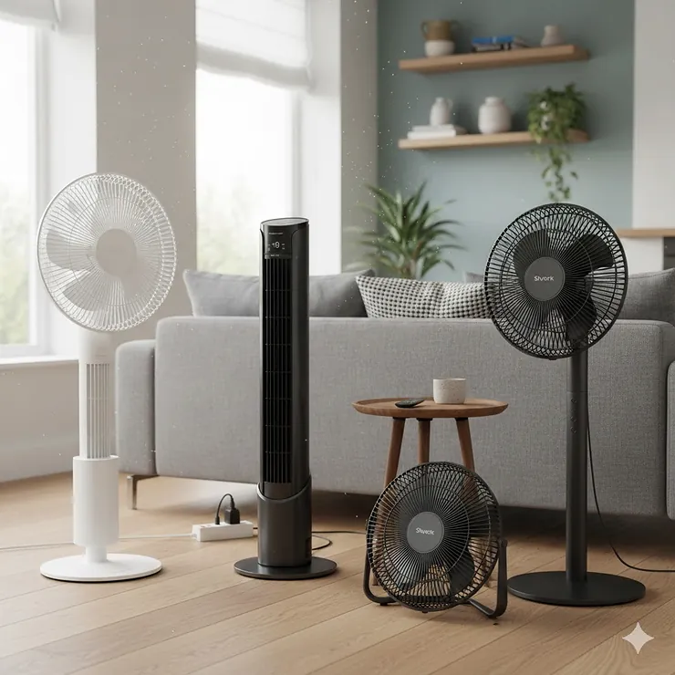 A selection of high-quality Dyson tower fan alternatives, including oscillating and air circulator models, arranged in a modern British living room with natural light. dyson tower fan alternatives uk