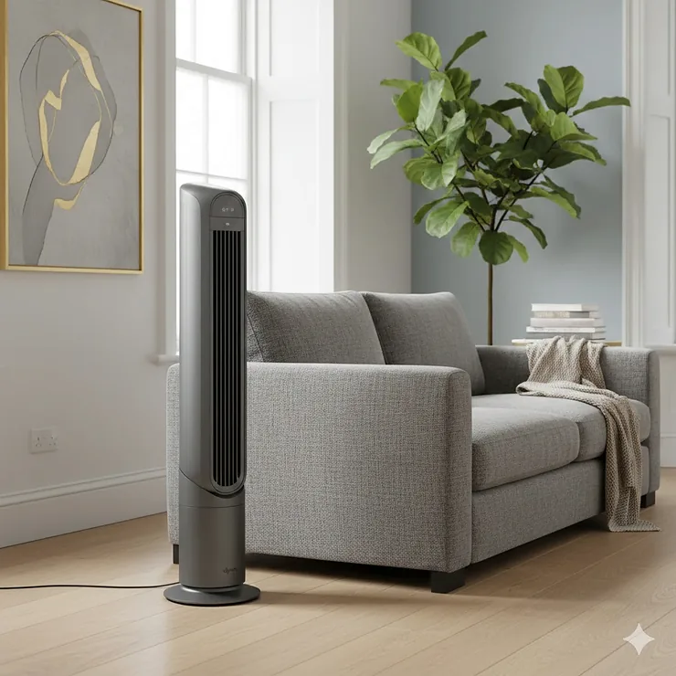 A sleek, modern quiet tower fan standing in a minimalist British lounge next to a grey sofa.