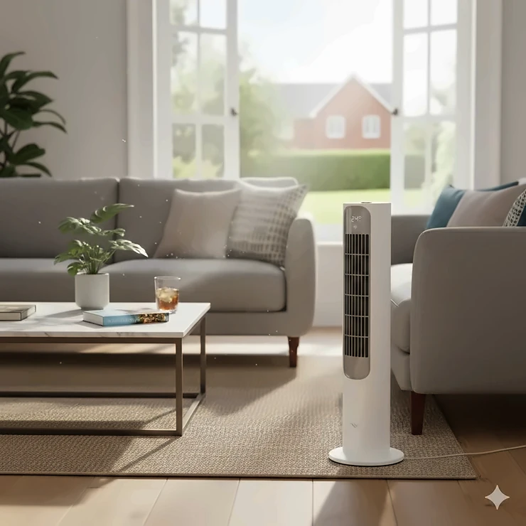 A sleek white small tower fan cooling a modern British living room during a summer heatwave. small tower fans