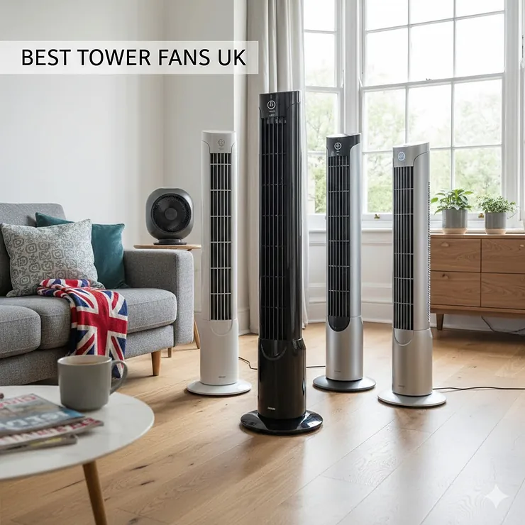 A selection of the best tower fans available in the UK, including premium oscillating models and slimline cooling fans for a modern British living room. best tower fans uk