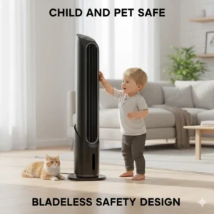 A bladeless tower fan design that is safe for children and pets in a family home.