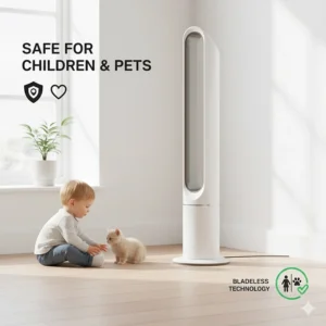 A modern bladeless tower fan design, highlighted as a safe cooling option for UK households with toddlers or pets.
