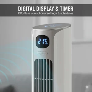Detailed view of the intuitive digital control panel and timer settings on a budget-friendly tower fan for UK consumers.