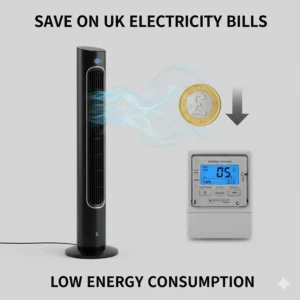 Illustration showing the low energy consumption of a tower fan to help save on UK electricity bills.