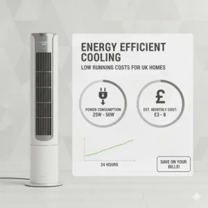 Infographic showing the low energy consumption and running costs of a silent tower fan in British pounds.