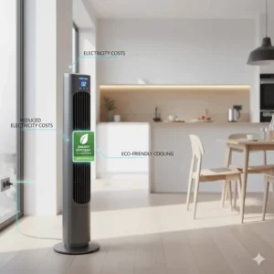 A quiet tower fan with an energy-saving label, ideal for reducing electricity bills in British households.