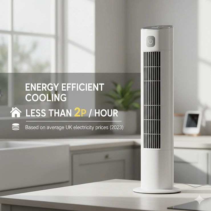 Close-up of a tower fan digital display in a bright UK home, demonstrating energy-efficient cooling for cost-conscious households. tower fan under £50 uk