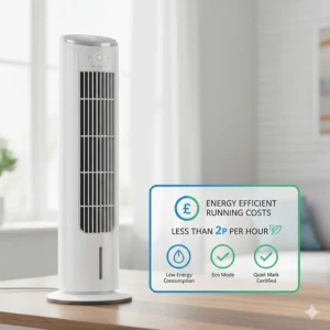 A graphic showing the low hourly running costs of energy-efficient tower fans in British pounds.