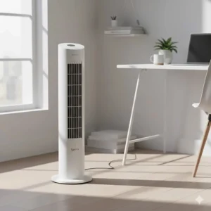 An Igenix oscillating tower fan in a compact home office, providing a cost-effective alternative to premium bladeless models.