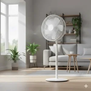 The Meaco Sefte air circulator on a pedestal stand, showing its large fan head and sleek white design as a top Dyson alternative.