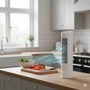 Illustration with blue arrows showing the wide-angle oscillation of a small tower fan.