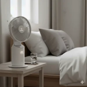 A space-saving small tower fan sitting next to a laptop in a home office setup.