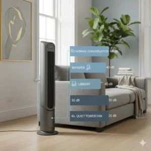 Infographic comparing the low decibel levels of quiet tower fans to common household sounds like a library or whisper.