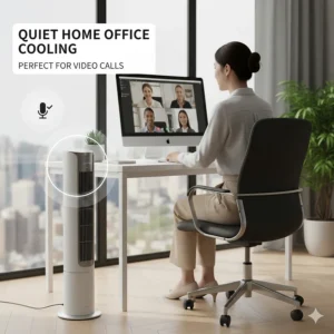 A compact silent tower fan standing next to a desk in a home office, quiet enough for professional video calls.