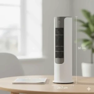 Close-up of a small tower fan with a 'Sleep Mode' icon, highlighting quiet operation for night-time use.