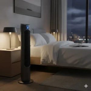 Close-up of a quiet tower fan in a bedroom setting, highlighting the sleep mode digital display.