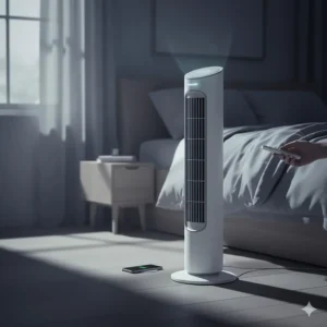 A quiet Honeywell QuietSet tower fan placed next to a bed, illustrating low-decibel cooling for a comfortable night’s sleep.