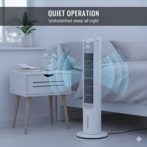 A quiet-running tower fan in a minimalist British bedroom setting, perfect for night-time use during a UK summer heatwave.