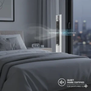 A quiet tower fan with a sleep mode icon, ideal for keeping British bedrooms cool at night without noise.