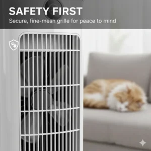 A high-detail shot of a tower fan with a safe, fine-mesh grille, suitable for UK family homes with pets and young children.