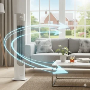 A bladeless small tower fan design, highlighting safety for households with pets or children.