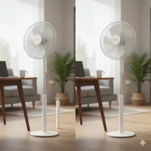 The Shark FlexBreeze fan in its pedestal mode, showing how it converts from a floor fan to a desktop fan.