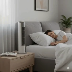 A quiet tower fan with dimmed display lights in a bedroom setting, ideal for a peaceful night's sleep.
