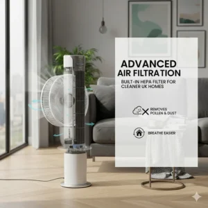 Diagram of a silent tower fan with a built-in HEPA filter to remove pollen and dust from British homes.