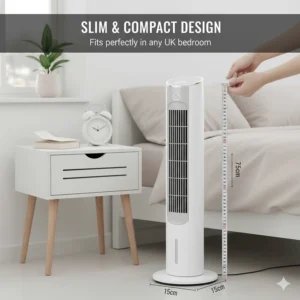 A compact, slimline tower fan placed neatly beside a grey sofa, ideal for saving space in smaller UK flats and living areas.