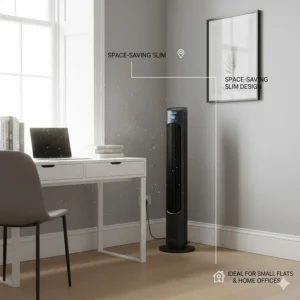 A space-saving slim tower fan tucked into the corner of a compact London flat or home office.
