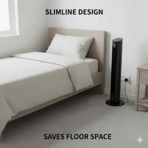 A slimline tower fan tucked neatly into the corner of a small British bedroom to save floor space.