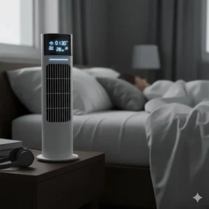 Slimline small tower fan placed on a kitchen worktop to provide ventilation while cooking.