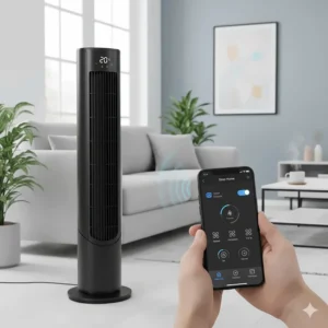 Illustration of a smartphone showing a fan control app next to a Dreo smart tower fan, demonstrating remote features.