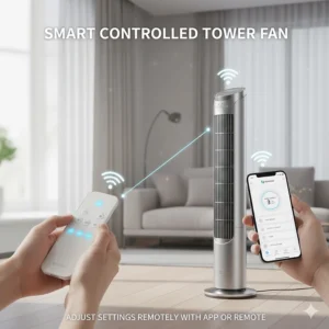 A person using a remote control and a smartphone app to adjust the speed settings of a smart tower fan.