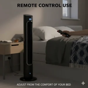 A person using a remote control from their bed to adjust the speed of a quiet tower fan.
