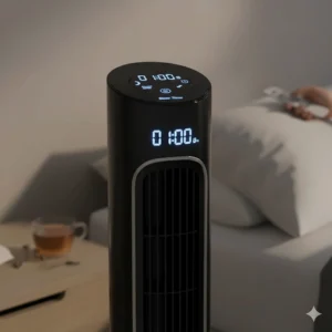 Close-up of the control panel on a tower fan showing the sleep mode icon and 8-hour timer settings.