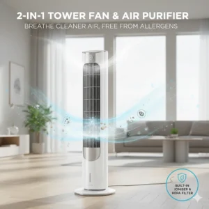 An illustration of a 2-in-1 tower fan and air purifier filtering pollen and dust particles in a UK home.