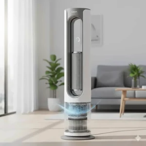 A Levoit air purifying tower fan with a cutaway view showing the HEPA filter for removing allergens and dust.