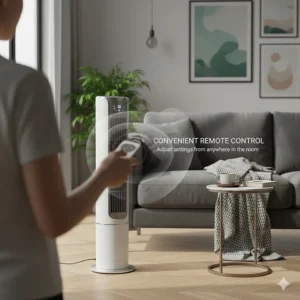 A hand holding a slim remote control to adjust settings on a silent tower fan from across a room.