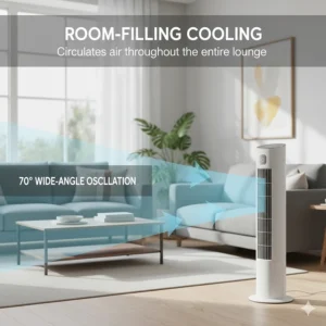 A tower fan distributing cool air with wide-angle oscillation across a sun-lit British lounge with contemporary decor.