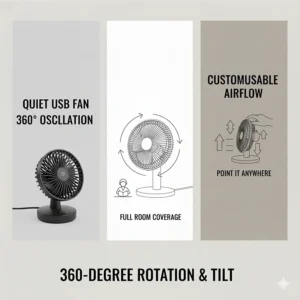The USB desk fan tilted upwards, showcasing the 360-degree rotation feature for directing a precise breeze across a workspace.