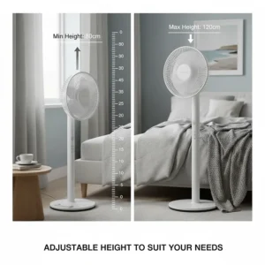 Diagram showing the adjustable height range of a pedestal fan to suit different bed frames and furniture.