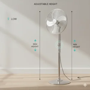 Diagram of an adjustable height pedestal fan showing the telescopic pole for customisable cooling levels.