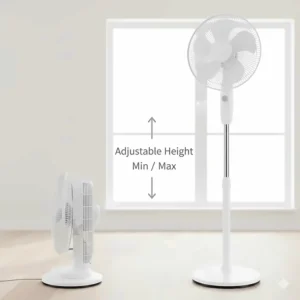 A telescopic pedestal fan showing its adjustable height range, suitable for cooling different seating or sleeping levels.