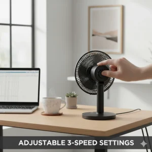 A close-up of the fan's intuitive speed controls, allowing for personalised airflow settings in a home or office environment.