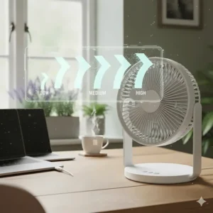 Illustration showing three speed airflow settings on a portable rechargeable desk fan.