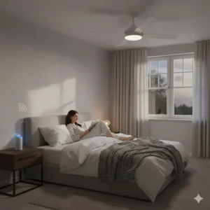 A quiet smart ceiling fan in a master bedroom, controlled via an Alexa device on a bedside table.
