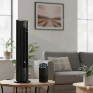 Close-up of an Echo Dot next to a tower fan, demonstrating hands-free voice control in a British home.