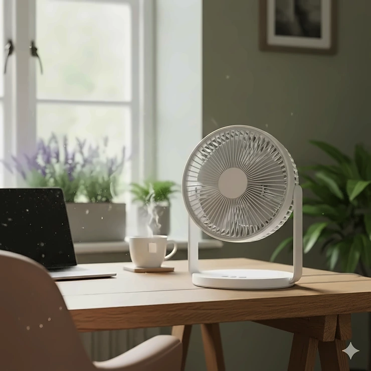 White battery powered desk fan rechargeable via USB on a modern wooden office desk. battery powered desk fan rechargeable