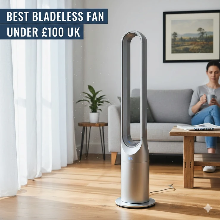 A modern silver bladeless fan standing on a wooden floor in a bright UK living room, titled best bladeless fan under £100. best bladeless fan under £100